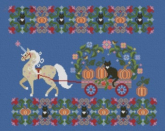 Unicorn cross stitch autumn pattern pdf - Pumpkin Harvest cross stitch white horse embroidery victorian ornament cross stitch dmc blackwok