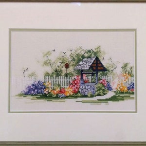 Garden Well Cross Stitch Village Pattern pdf - Summer Village cross stitch floral embroidery rustic Summer garden cross stitch old well dmc