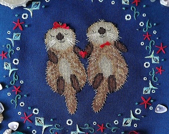Otter Cross Stitch Loving Couple Pattern PDF, Cute Beaver Chart, Romantic Sampler, Wodland Anniversary Stitch