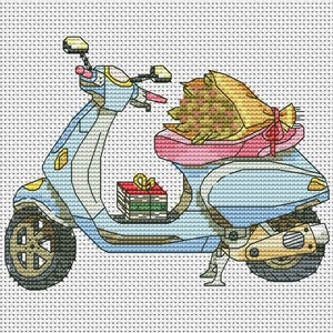 Motorbike Cross stitch Spring pattern pdf, Retro bike cross stitch floral embroidery easy cross stitch blackwork dmc mini embroidery pattern