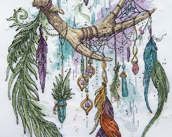 Dreamcatcher cross stitch forest fantasy pattern pdf - Feathers embroidery woods cross stitch sweet dreams needlepoint woodland dmc chart