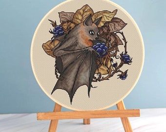 Bat Cross stitch Blackberry pattern pdf - Round cross stitch bat woodland fantasy bat embroidery, blackberry cross stitch little bat chart
