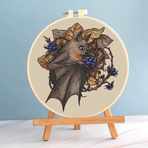 Bat Cross stitch Blackberry pattern pdf - Round cross stitch bat woodland fantasy bat embroidery, blackberry cross stitch little bat chart