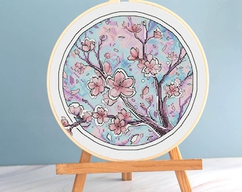 Sakura cross stitch round pattern pdf - Tree Blossom cross stitch spring embroidery pink flowers needlepoint botanical garden dmc blackwork