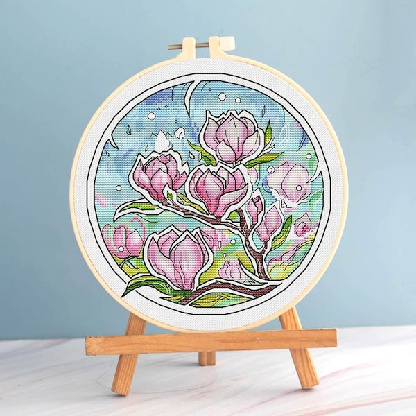 Magnolia cross stitch round pattern pdf - Spring flowers cross stitch magnolia blossom embroidery pink flowers needlepoint flowers blackwork