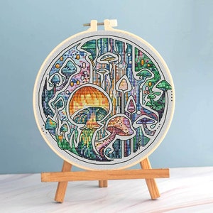 Mushrooms cross stitch psychedelic pattern pdf - Round cross stitch toadstools Death Cap embroidery forest cross stitch Skullcap fungus dmc