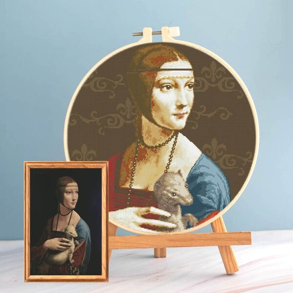 Da Vinci cross stitch Lady with Ermine pdf pattern, Da Vinci Lady cross stitch Leonardo embroidery round cross stitch Lady Ermine da Vinci