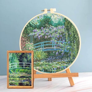 Monet cross stitch Bridge pattern pdf, Monet embroidery Japanese bridge cross stitch Monet pond embroidery round cross stitch Monet garden