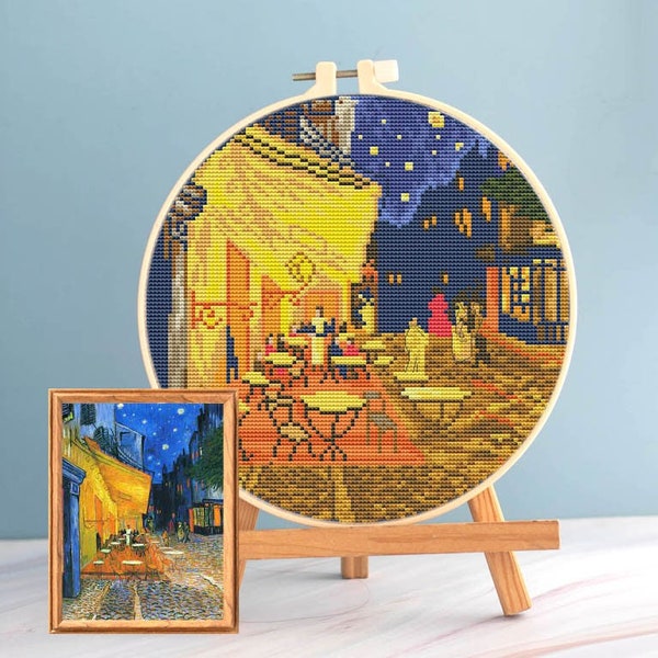 Cafe Terrace cross stitch Van Gogh pattern pdf, Round cross stitch Van Gogh Night Cafe embroidery art cross stitch Vincent Van Gogh painting