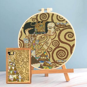 Klimt Cross Stitch L&#39;Attente pattern pdf, Art Deco cross stitch klimt attente embroidery easy round cross stitch klimt L&#39;Attente needlepoint