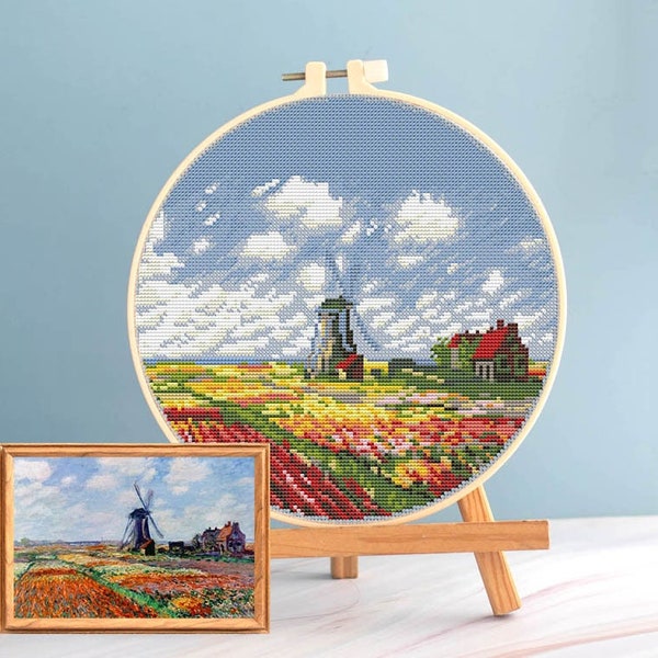 Monet cross stitch Tulips field pattern pdf, Monet embroidery wind mill cross stitch Monet field embroidery round cross stitch tulips Monet