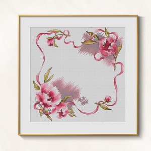 Peony Ornament cross stitch floral pattern pdf - Wreath cross stitch peonies embroidery floral ornament peonies needlepoint blackwork chart