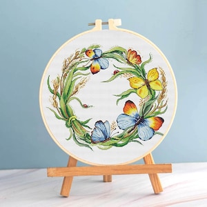 Wreath cross stitch summer pattern pdf - Butterfly cross stitch round embroidery summer wreath cross stitch butterflies needlepoint chart