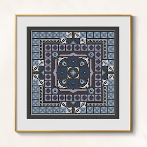 Biscornu Cross Stitch Blackwork pattern pdf - Blue Ornament Embroidery Geometric Cross Stitch Pincushion Cross Stitch Biscornu dmc pattern