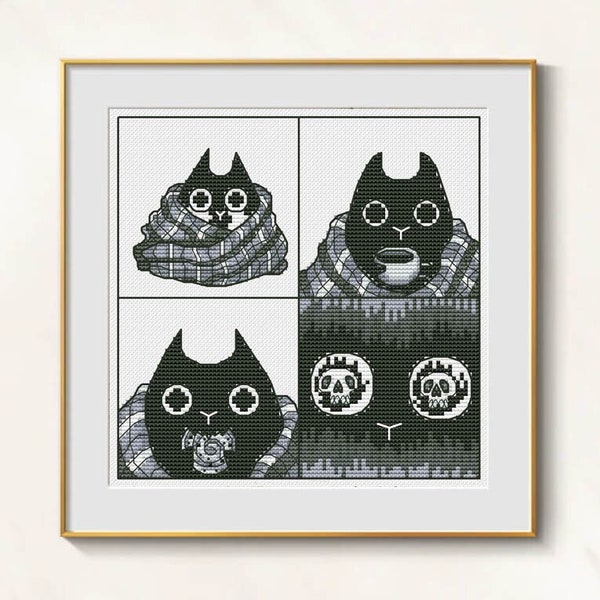 Cozy Cat Cross Stitch Easy Pattern pdf - Cute Owl cross stitch funny embroidery cat blackwork needlepoint funny owl needlepoint dmc beginner