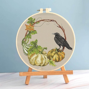 Wreath Cross Stitch Black Crow Pattern pdf - Blackbird Embroidery Raven Cross stitch Pumpkin Cross Stitch round needlepoint minimalist chart