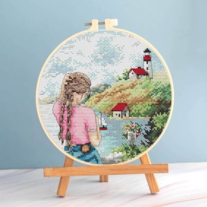 Riviera Cross Stitch Travel Girl Pattern pdf, France coast cross stitch travelling girl embroidery round cross stitch French riviera pattern