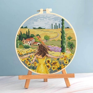 Tuscany Cross Stitch Travel Pattern PDF - Italy cross stitch Sunflower field embroidery Travelling Girl cross stitch Tuscany field blackwork