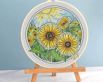 Sunflowers cross stitch round pattern pdf - Summer flowers cross stitch sunflower embroidery botanical needlepoint flowers garden blackwork