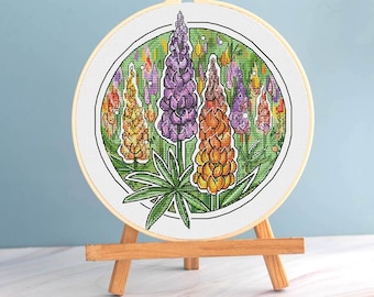 Lupine cross stitch round pattern pdf Floral cross stitch lupin flowers embroidery botanic pattern summer field flower needlepoint blackwork