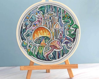 Mushrooms cross stitch psychedelic pattern pdf - Round cross stitch toadstools Death Cap embroidery forest cross stitch Skullcap fungus dmc