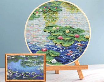 Monet cross stitch Pond pattern pdf, Monet embroidery water lily pond cross stitch Monet pond embroidery round cross stitch water lily Monet
