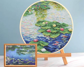 モネ 睡蓮の池 カウントクロスステッチ 完成品 モネの睡蓮の池のクロスステッチパターン、美術複製刺繍、ギャラリー