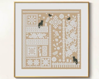 Cats cross stitch sampler pattern pdf - Floral cross stitch black cats whitework embroidery white roses cross stitch black cat needlepoint