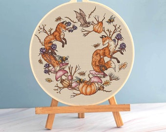 Fox Cross stitch Blackberry pattern pdf - Fox dance cross stitch forest fantasy embroidery bat cross stitch foxes woodland mushrooms chart