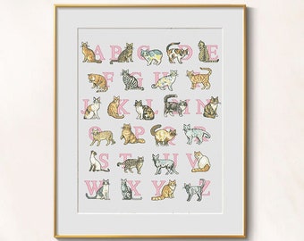 猫の形をした文字と数字を使った猫のアルファベットのクロスステッチ