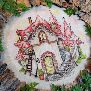 Mushroom House cross stitch fairy pattern pdf - Woodland cross stitch mushroom hut embroidery folk tale cross stitch flky agaric needlepoint