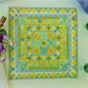 Spring Patchwork Cross Stitch Ornament pdf pattern - Geometry Embroidery Biscornu Cross Stitch Pillow hardanger Needlepoint dmc blackwork