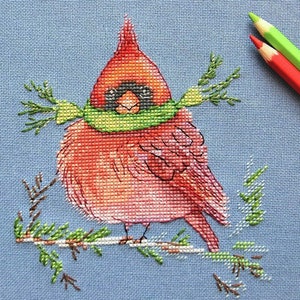 Red Cardinal Cross Stitch Winter Pattern pdf - Christmas Card Embroidery Cardinal Bird Needlepoint Christmas card easy cross stitch bird dmc