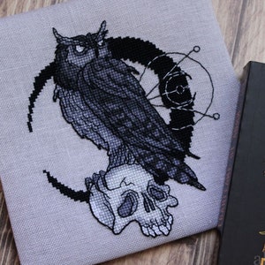 Owl cross stitch gothic pattern pdf - Skull cross stitch owl skull embroidery day of death blackwork gothic owl dmc chart hibou needlepoint