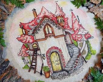 キノコの家クロスステッチ妖精パターンpdf - 森のクロスステッチキノコ小屋刺繍民話クロスステッチフレークアガリックニードルポイント