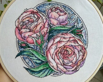 Peony cross stitch round pattern pdf - Spring flowers cross stitch peonies embroidery pink peony needlepoint peony flowers garden blackwork