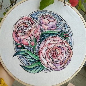 Peony cross stitch round pattern pdf - Spring flowers cross stitch peonies embroidery pink peony needlepoint peony flowers garden blackwork