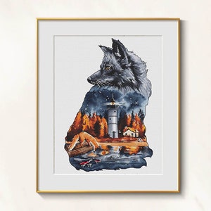 Night Fox cross stitch Fantasy pattern pdf - Celtic cross stitch mountain scene embroidery fox nostalgy needlepoint fox in wild blackwork