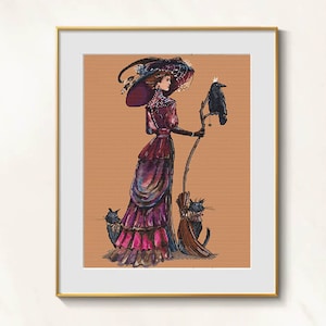 May include: A framed watercolor illustration of a woman in a Victorian-era dress and hat, holding a staff with a raven perched on top. Two black cats are at her feet. The artwork is set against a textured orange background.