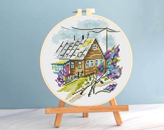 Retro cross stitch cottage pattern pdf - grandmas house embroidery countryside cross stitch rustic cross stitch village house blackwork dmc