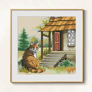 Cat Cross Stitch farm pattern pdf - Cottagecore cross stitch rural art embroidery needlepoint village scene cross stitch rustic farm chart