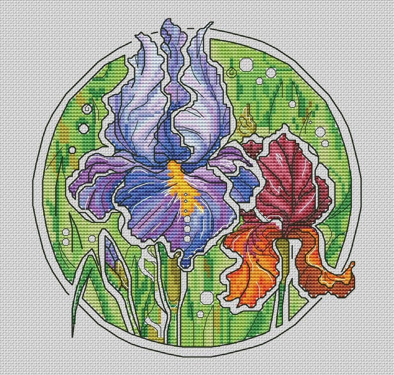 Iris Cross Stitch Round Pattern Pdf - Purple Flowers Cross Stitch ...