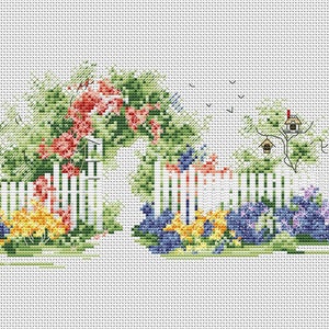 May include: Cross-stitch design of a garden scene with a white picket fence, colorful flowers, and a flowering archway. The scene includes birdhouses and birds in flight, creating a charming, detailed landscape.