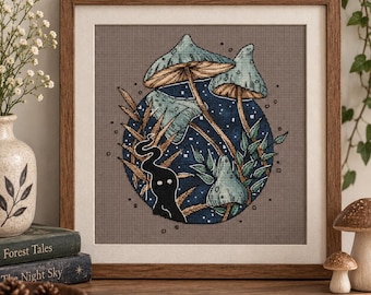 Amanita Cross Stitch Pattern PDF, Psychedelic Mushroom Wreath, Death Cap Toadstool Embroidery, Night Fungus Chart