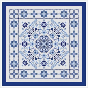 Blue Ornament Cross Stitch Geomtery pdf pattern - Lace Ornament Cushion Embroidery Oriental Cross Stitch Floral Pillow Needlepoint blackwork