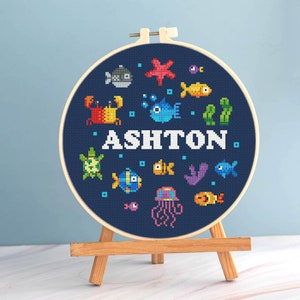 Sea Baby cross stitch birth announcement pattern pdf - custom name cross stitch Sea world baby boy embroidery baby record needlepoint chart