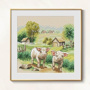 Motif de ferme cochon au point de croix pdf - Cottagecore point de croix art rural broderie point de croix scène de village tableau de ferme rustique point de croix