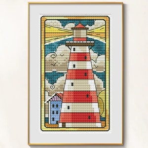 Day cross stitch Lighthouse pdf pattern - Seaside town embroidery coast village cross stitch easy needlepoint mini embroidery seashore dmc