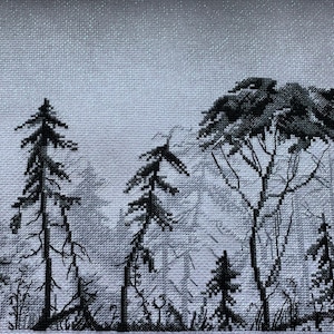 Forest Cross Stitch Blackwork pattern pdf - Woodland Cross Stitch blackwork embroidery wood landscape minimalist needlepoint woods dmc chart