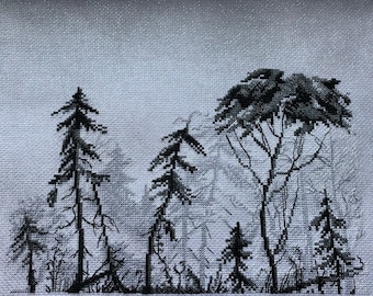 Forest Cross Stitch Blackwork pattern pdf - Woodland Cross Stitch blackwork embroidery wood landscape minimalist needlepoint woods dmc chart